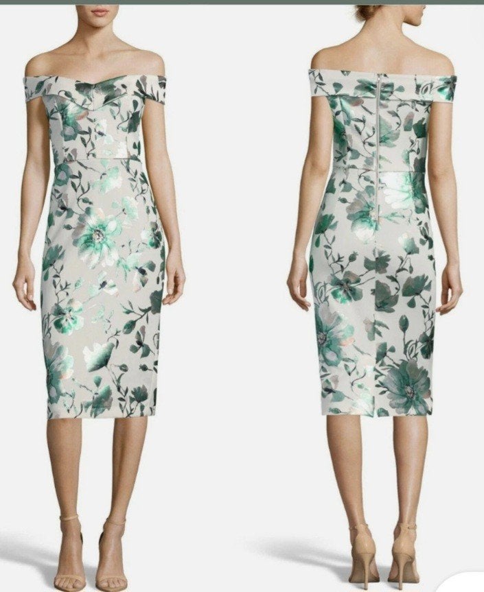 Off Shoulder Scuba Kokerjurk Metallic Bloemenprint Maat 42 x, Kleding | Dames, Ophalen, Zo goed als nieuw, Maat 42/44 (L)
