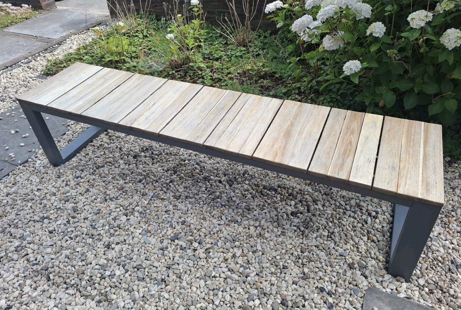 Tuinbank aluminium frame met acacia houten zitvlak, Ophalen, Gebruikt, Aluminium