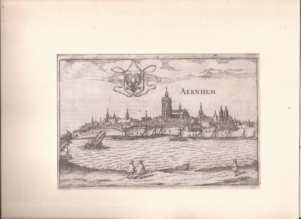 Arnhem. Aernhem aanzicht Guicciardini 1613 Schaars, Stadsgezicht, Gravure, Met tekst, 13 cm