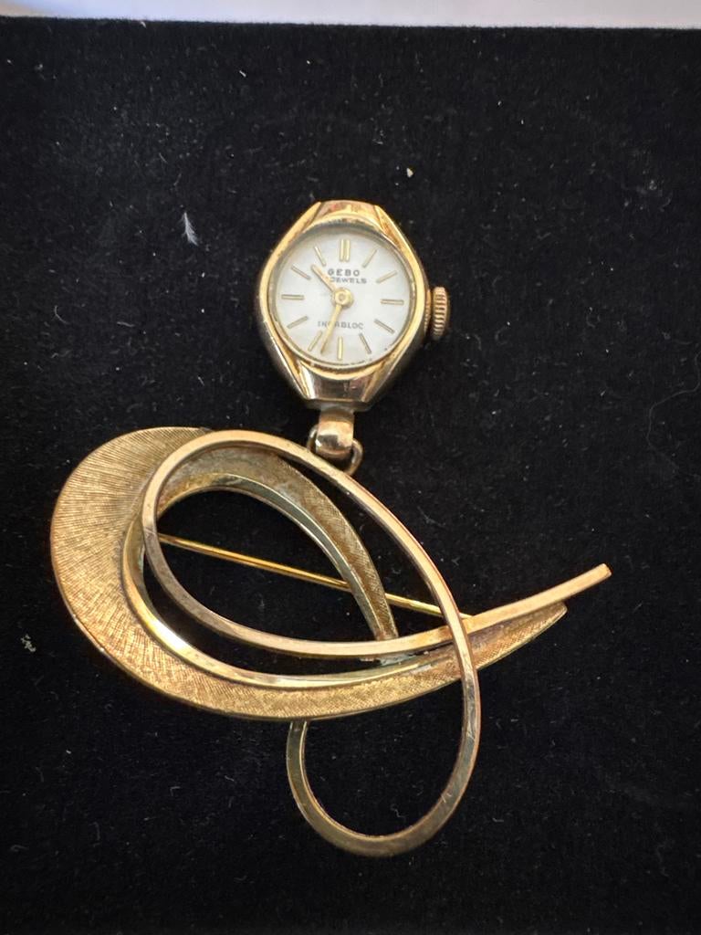 Vintage Gebo Jewels Rolled Gold 20 Microns Horloge Broche, Ophalen of Verzenden, Gebruikt, Minder dan 4 cm, Overige materialen