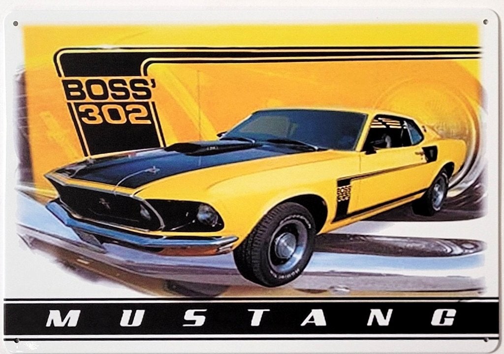 Ford Mustang the boss 302 geel reclamebord van metaal deco, Ophalen of Verzenden, Nieuw, Auto's
