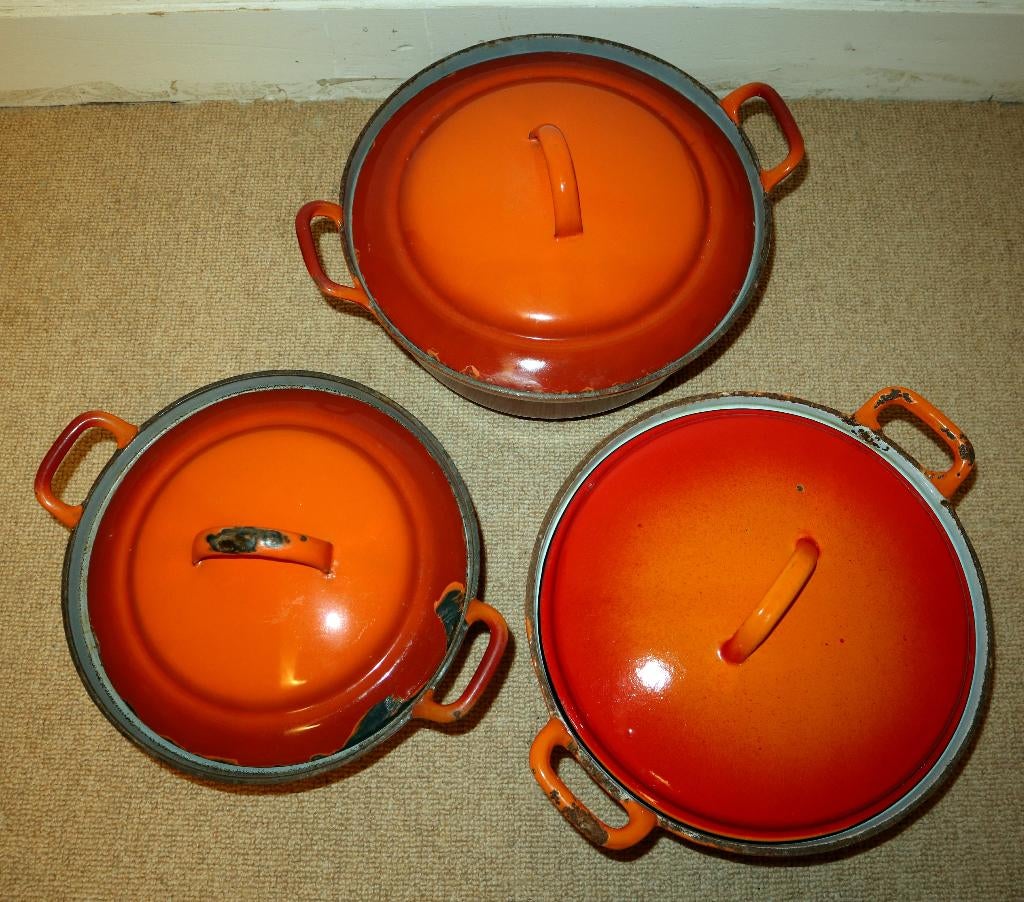 3x Vintage gietijzeren braadpan met deksel oranje, Ophalen, Gebruikt, Gietijzer, Koekenpan of Braadpan