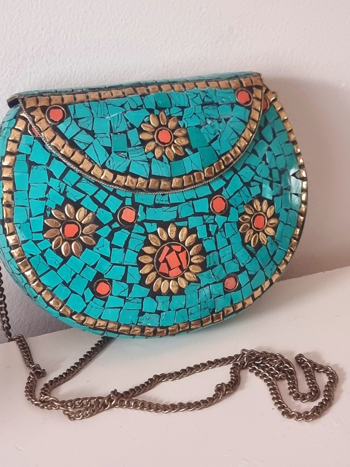 Vintage turkoois mozaïek stenen tas, Ophalen of Verzenden
