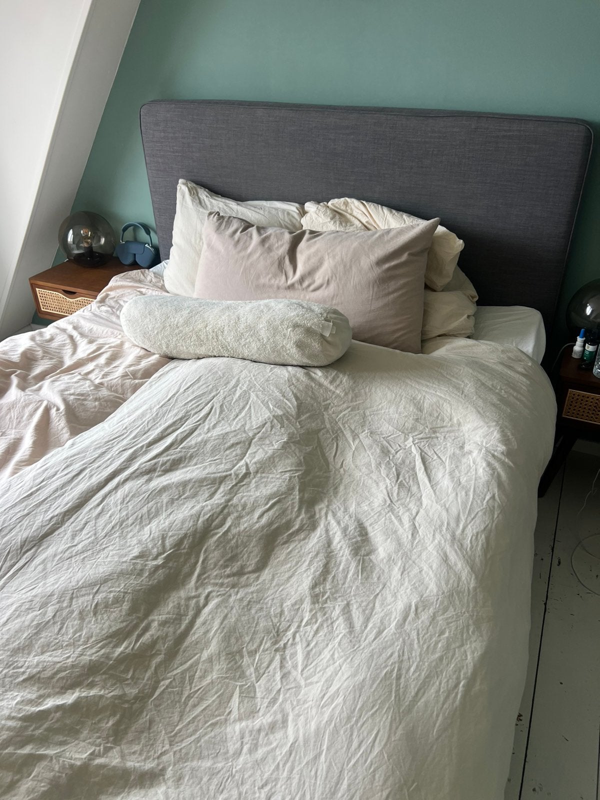 Gratis ophalen IKEA 2pers bed 160x200 cm   hoofdbord, Ophalen, Gebruikt, Tweepersoons, Grijs