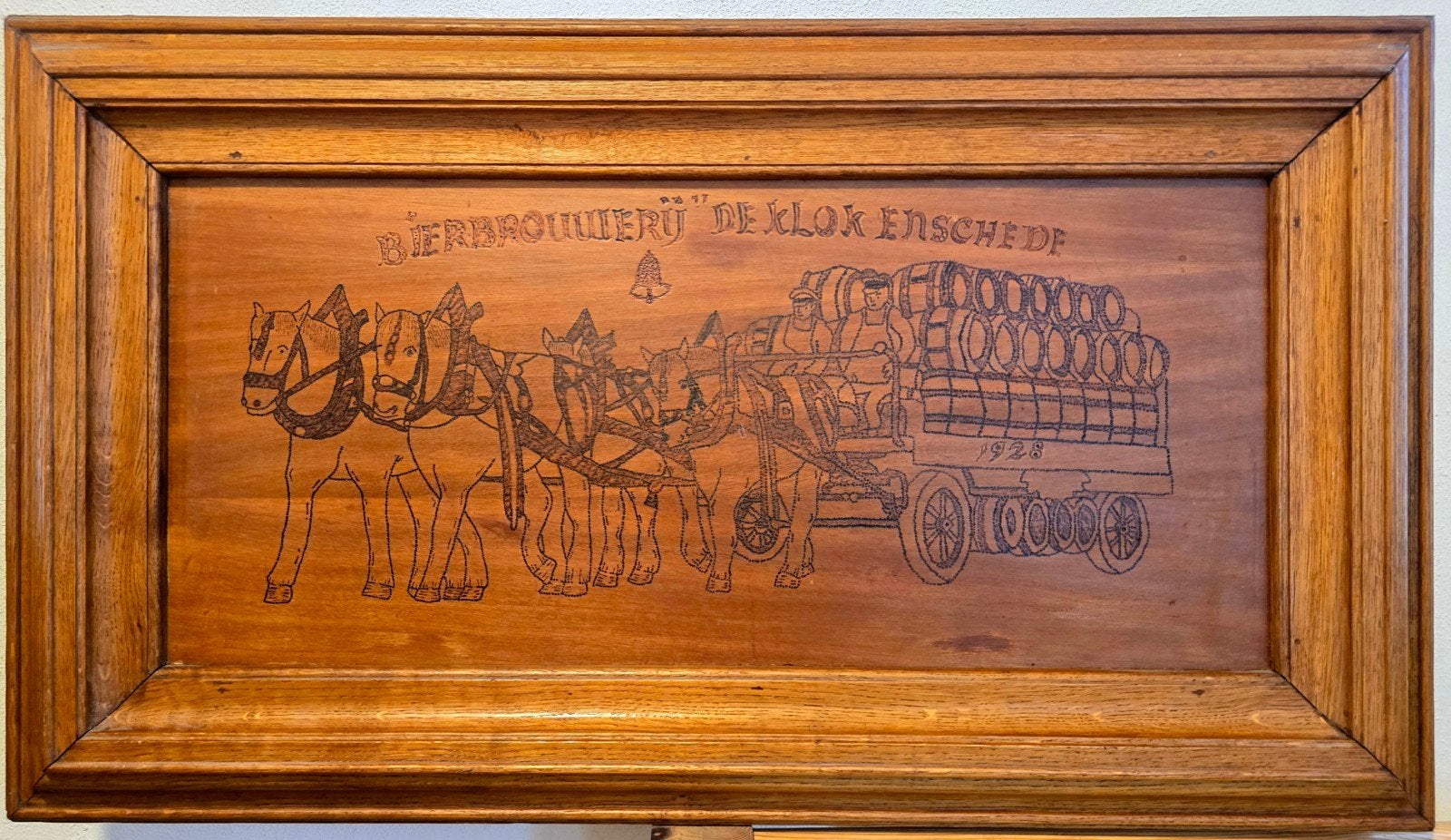 Houten wanddecoratie Bierbrouwerij De Klok / Grolsch, Verzamelen, Biermerken, Ophalen, Gebruikt, Reclamebord, Plaat of Schild
