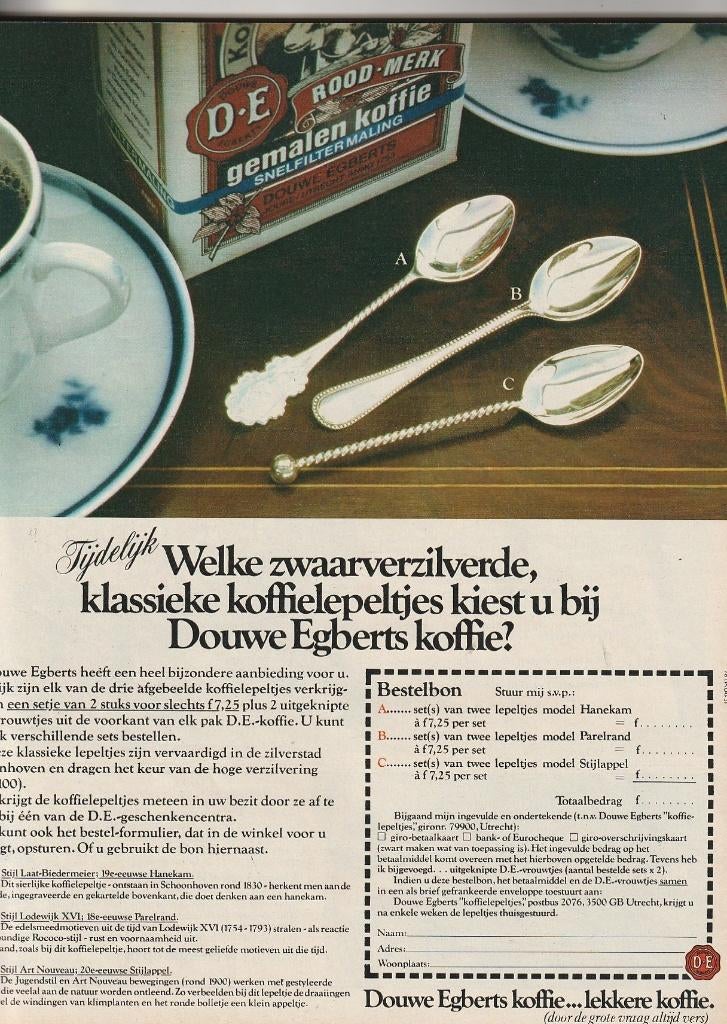 Retro reclame 1978 Douwe Egberts actie lepeltjes, Verzamelen, Retro, Verzenden, Overige typen