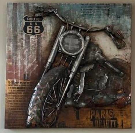 Uniek 3D Route 66 Motor Kunstwerk - Metaal & Canvas, Ophalen of Verzenden