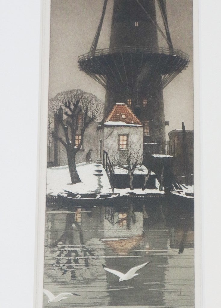 Ets Tjeerd Bottema (1884-1978) Molen "De stier", Ophalen of Verzenden, Ets, Ingelijst