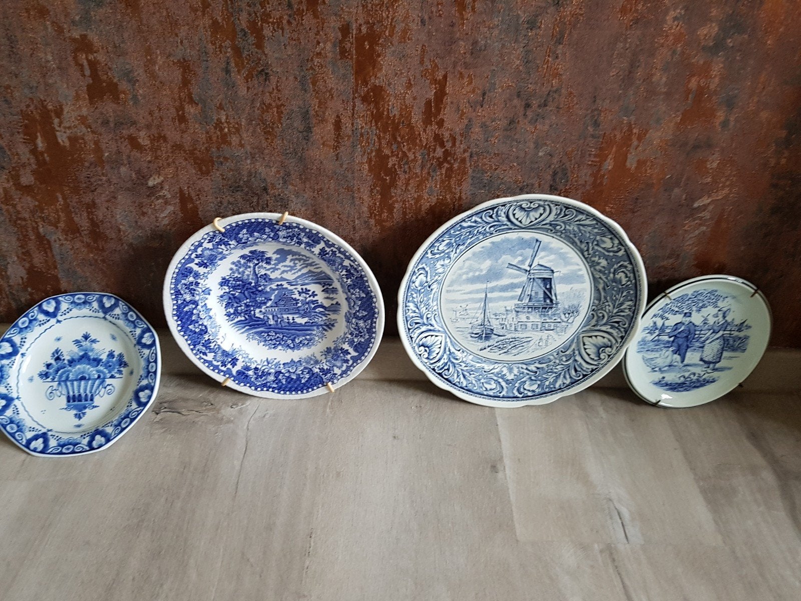 Set van 4 Antieke Delfts Blauwe Wandborden, Ophalen of Verzenden