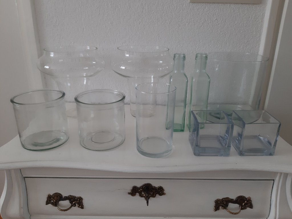 glazen vazen / potten enz. - leuk voor decoupage, Ophalen, Zo goed als nieuw, Glas