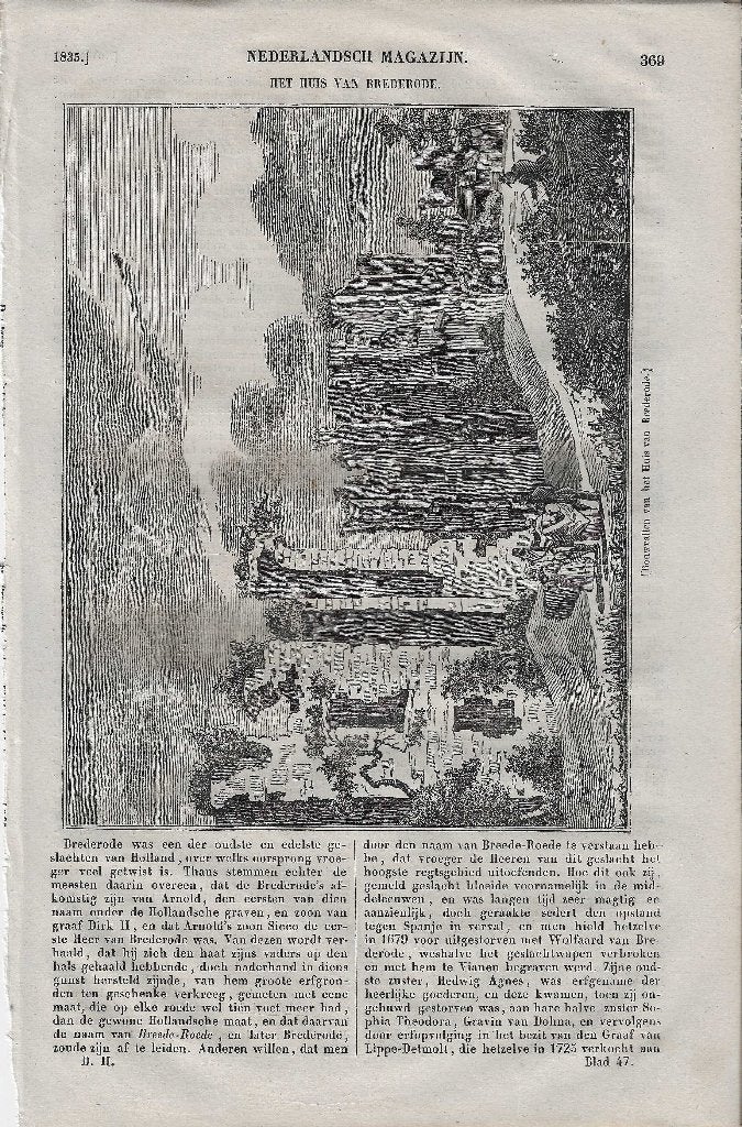 Bouwvallen van het Huis van Brederode Houtgravure 1835, Antiek en Kunst, 1800 - 1899, Architectuur, Ophalen of Verzenden, Gravure
