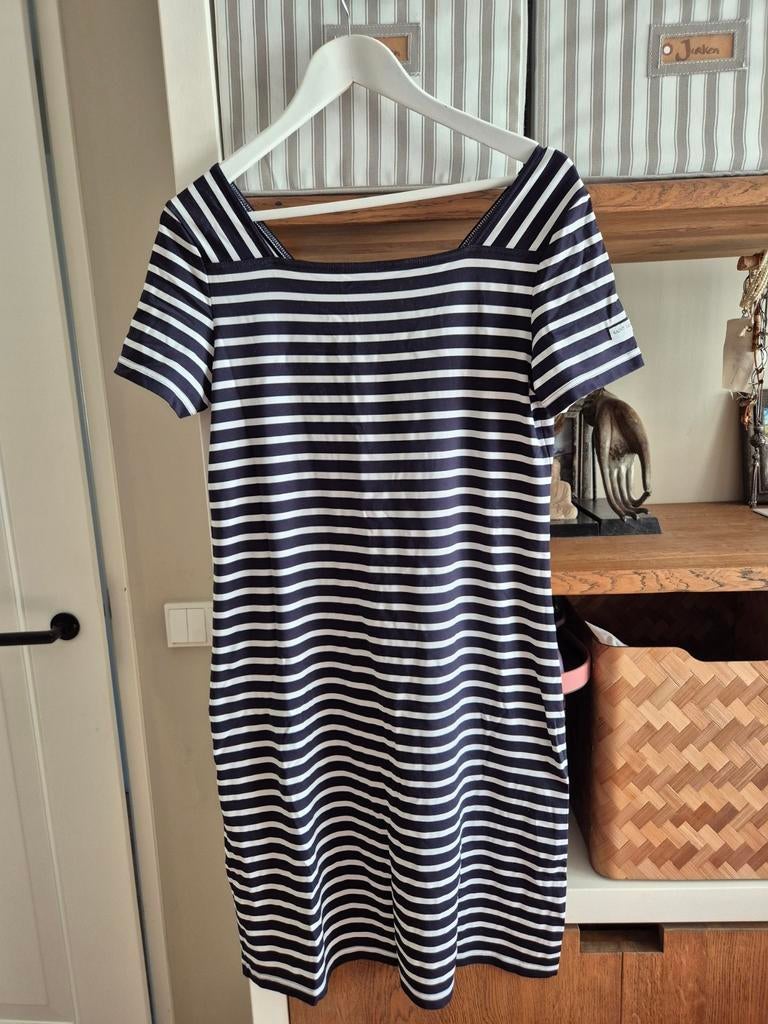Mooie gestreepte  travelstof jurk van Saint James, Kleding | Dames, Jurken, Zo goed als nieuw, Maat 38/40 (M), Blauw, Knielengte