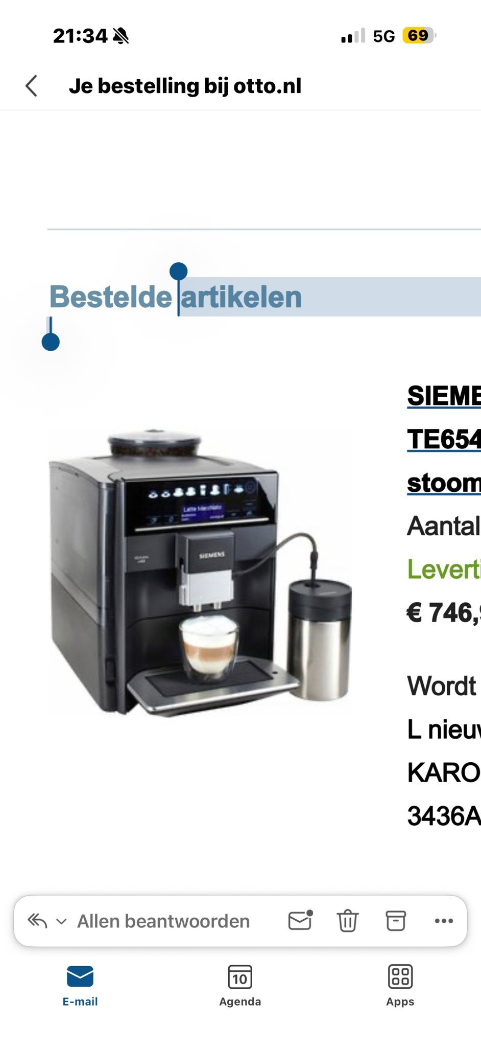 Siemens Koffiemachine met melkkoeler - Zo goed als nieuw, Ophalen, Zo goed als nieuw, Koffiemachine, Koffiebonen