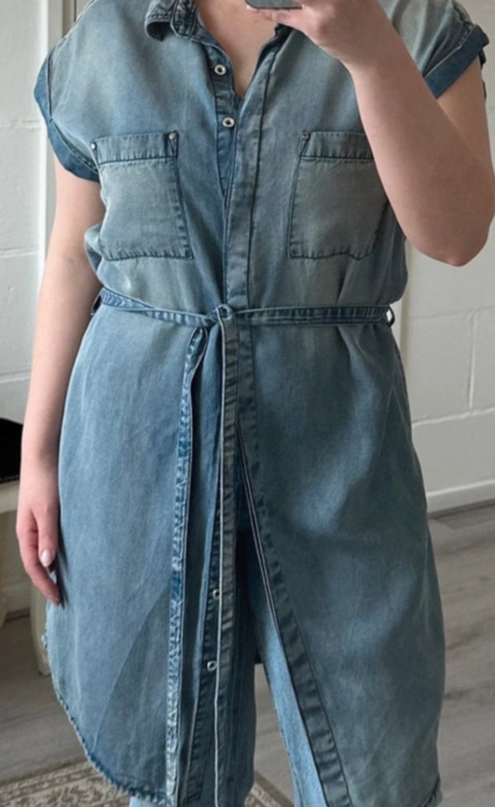 Miss Etam spijkerblouse met ceintuur en knoopsluiting, Ophalen of Verzenden, Zo goed als nieuw, Maat 42/44 (L), Blauw