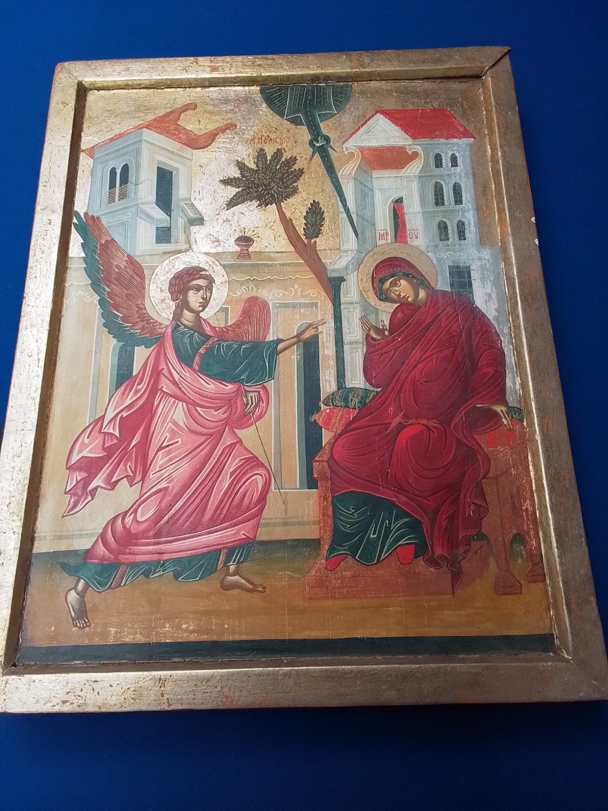 Antieke icoon op hout geschilderd - Annunciatie, Antiek en Kunst, Antiek | Religie, Ophalen of Verzenden