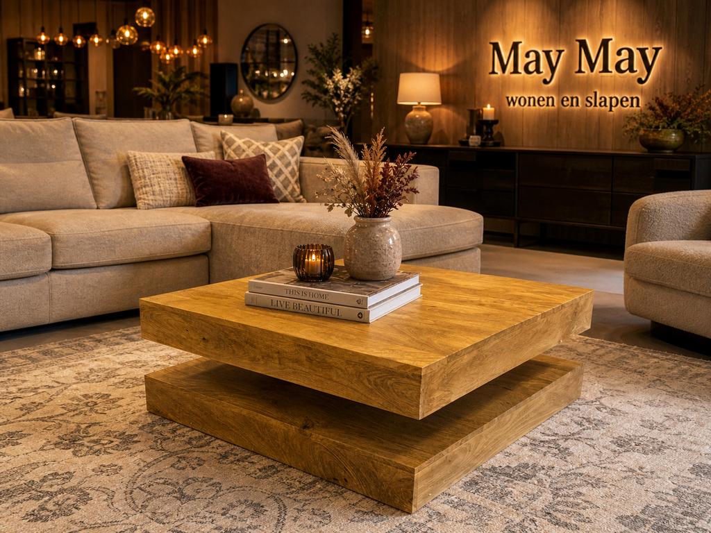 Salontafel Vierkant 90x90x36.5 Naturel Mangohout E-7363, Ophalen, 50 tot 100 cm, Vierkant, Nieuw