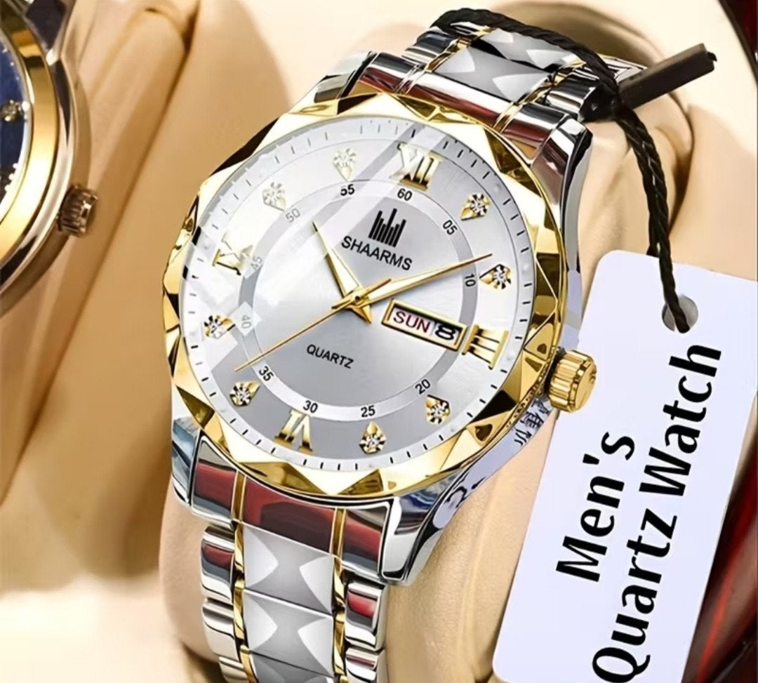 SHAARMS Heren Quartz Horloge met Strass en Dag/Datum Display, Overige merken, Staal, Staal, Polshorloge