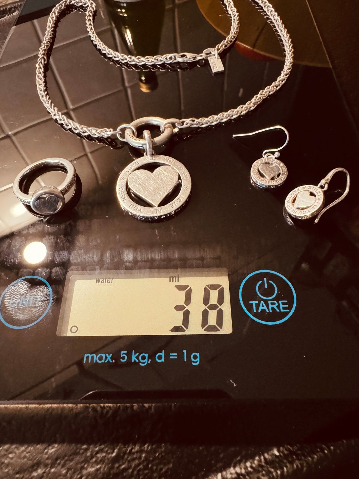 Set zilveren juwelen „all you need is love”, Sieraden, Tassen en Uiterlijk, Ophalen of Verzenden, Zo goed als nieuw, Zilver, Overige merken