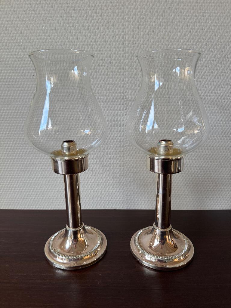 Vintage BMF Verzilverde Windlicht Kandelaren, Kaarsenhouder, Huis en Inrichting, Ophalen, Gebruikt, Metaal, Kandelaar