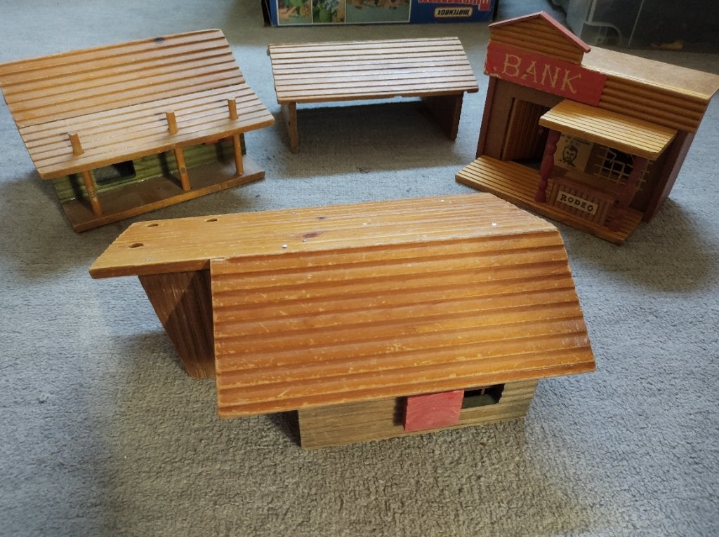 4 Houten Western Huisjes speelgoed, Kinderen en Baby's, Speelgoed | Houten speelgoed, Ophalen, Gebruikt, Overige typen