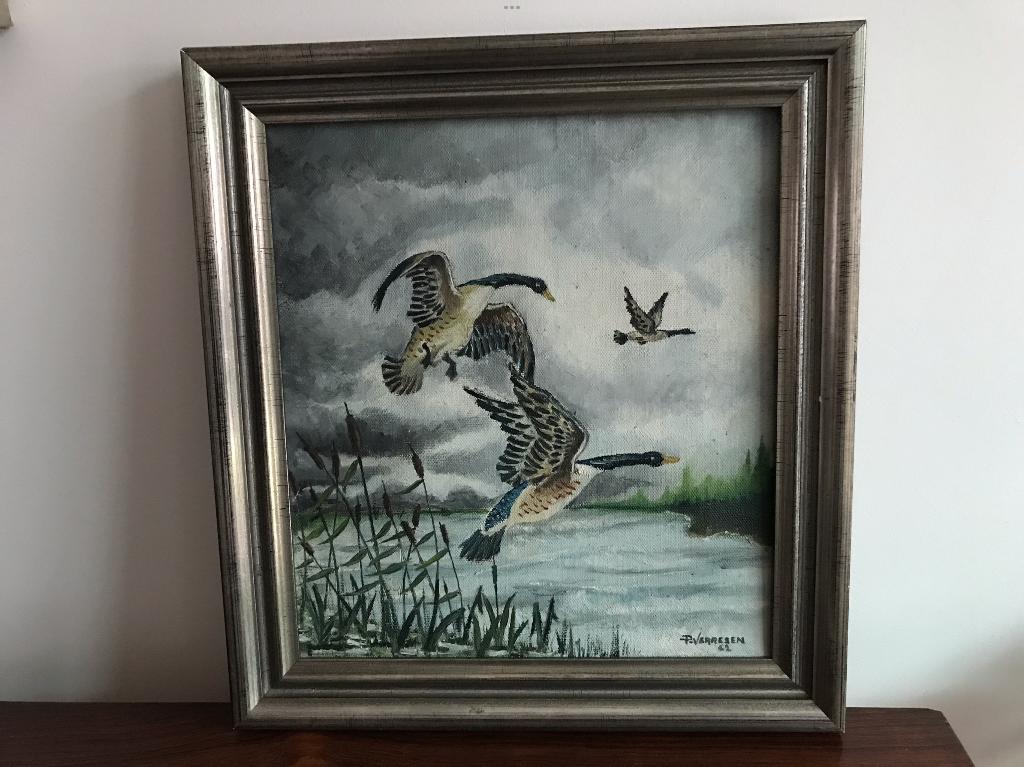 Schilderij op doek opvliegend wild eenden ganzen P Verresen, Ophalen of Verzenden