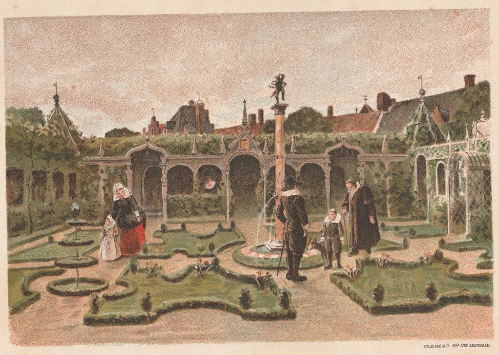 Tuin 17e eeuw litho prent Tresling & Co.  lichte schade rand, Gebruikt, Verzenden, Voor 1940, Prent