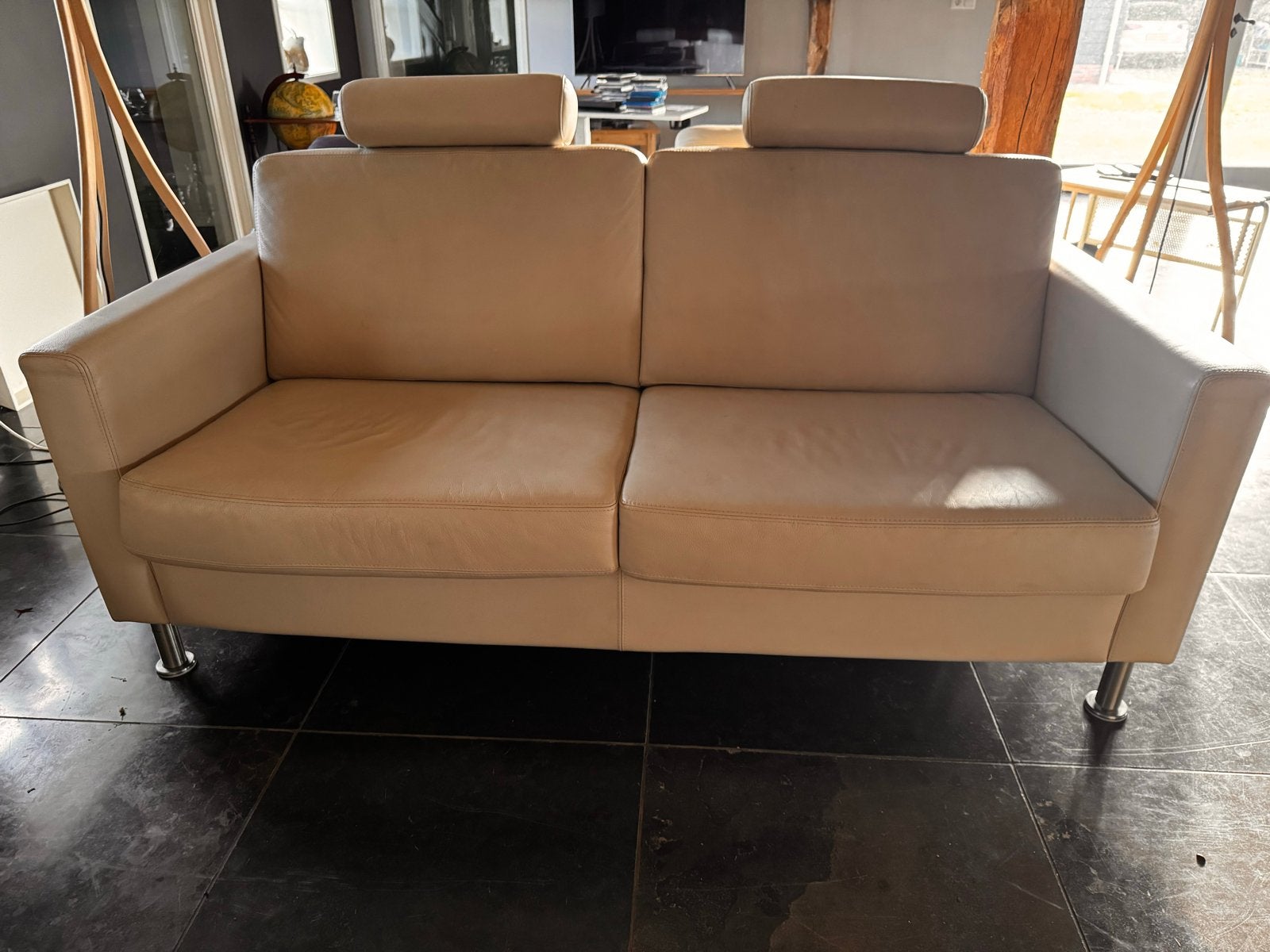 Leren bankstel: 2-zitsbank, fauteuil en chaise longue, Huis en Inrichting, Gebruikt, 150 tot 200 cm, Tweepersoons, Ophalen of Verzenden