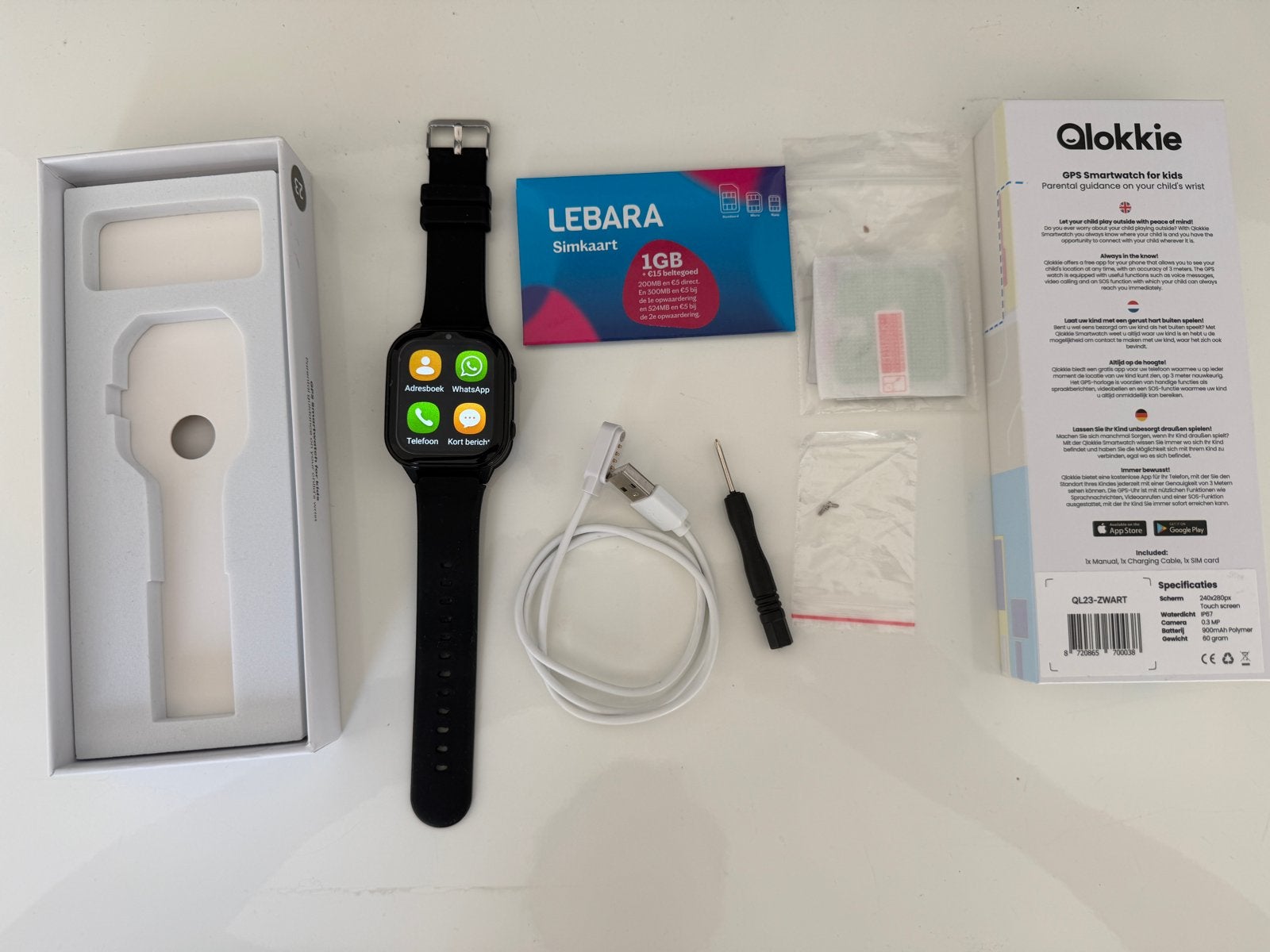 Qlokkie GPS Smartwatch voor kinderen - Zwart (incl. screenpr, Zwart, Ophalen of Verzenden, Zo goed als nieuw, Waterdicht