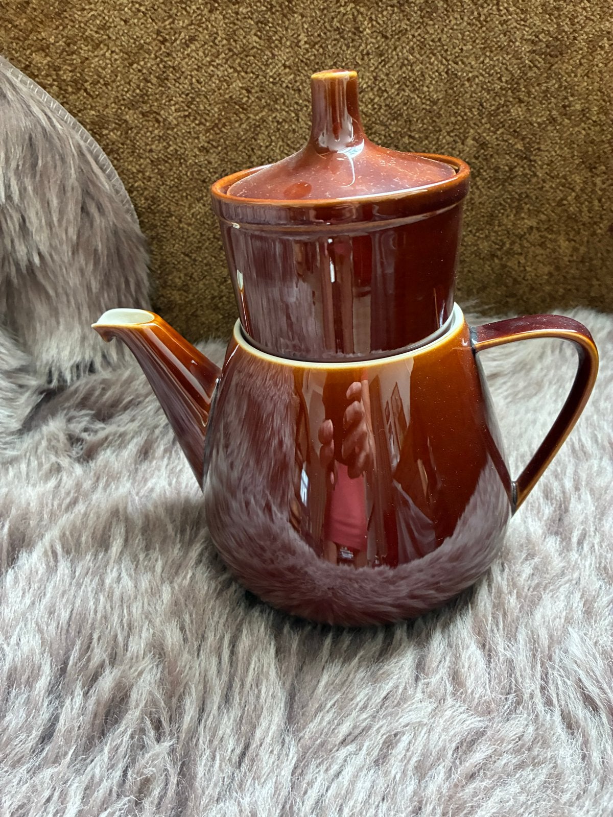 Vintage Bruine Keramische koffiepot met filter, Antiek en Kunst, Ophalen of Verzenden