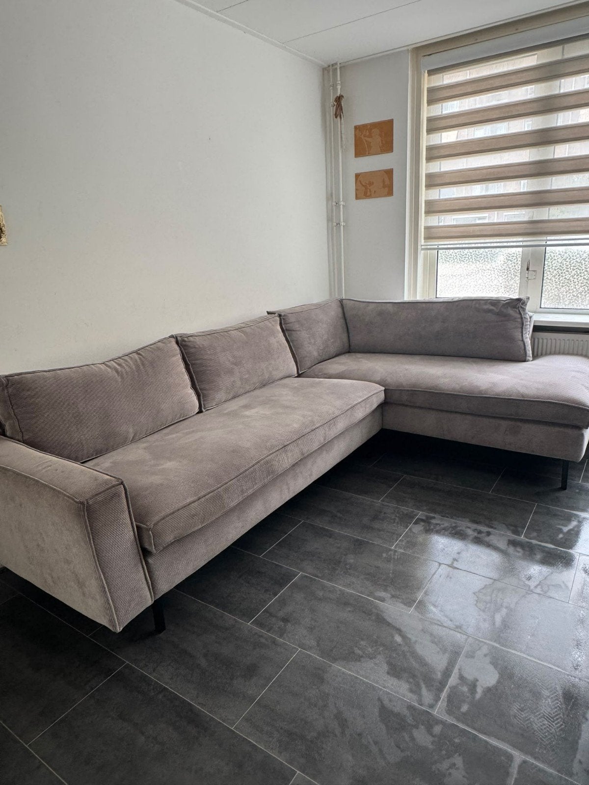 Comfortabele Hoekbank - Grijs Ribstof, 250 tot 300 cm, Gebruikt, Hoekbank, Ophalen of Verzenden