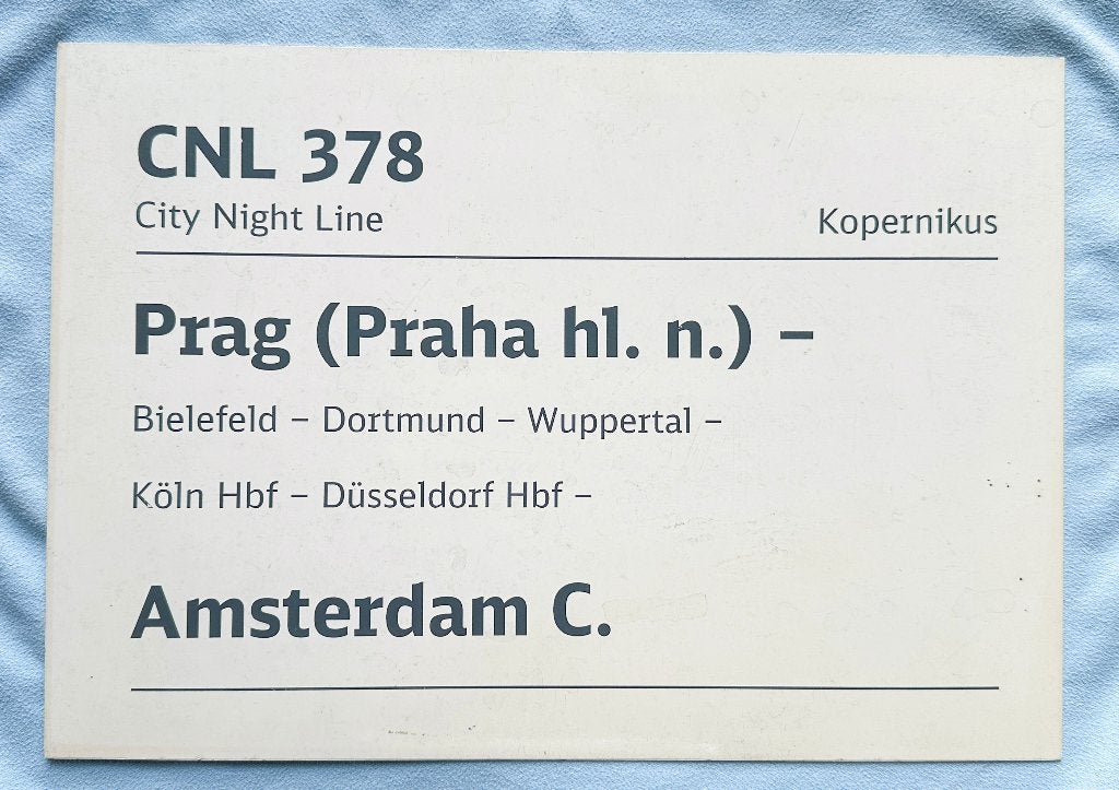 Koersbord City Night Line 378 Prag (Praha hl.n.) - Amsterdam, Verzamelen, Verzenden, Gebruikt, Trein, Kaart of Prent