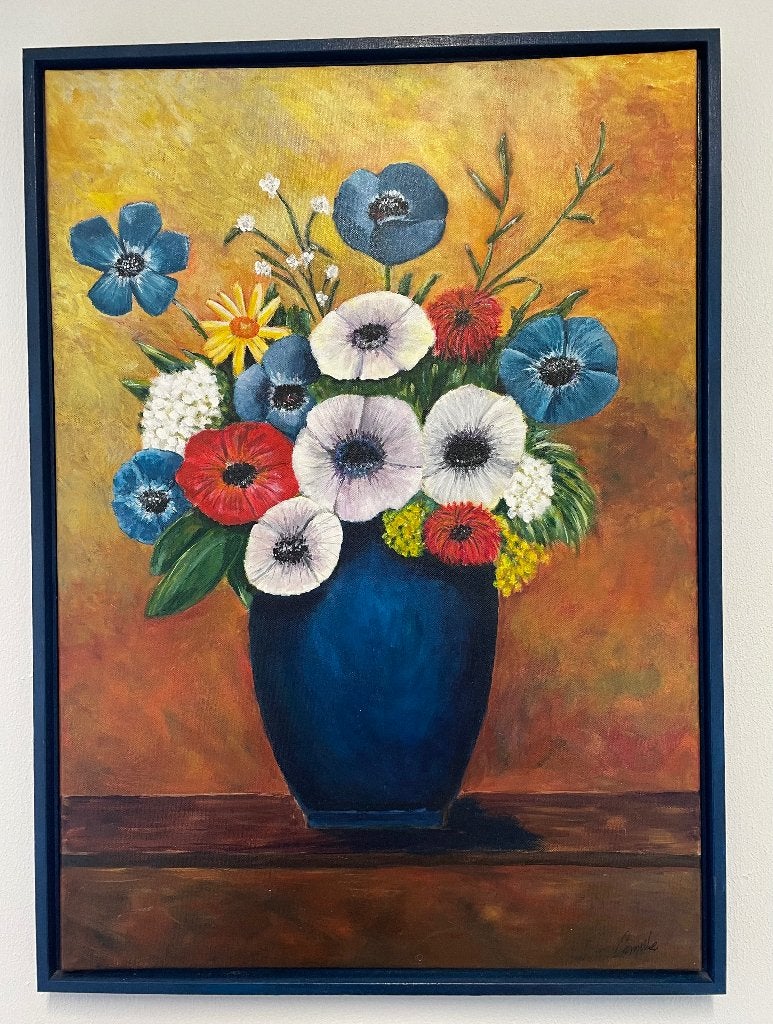 Schilderij bloemen op vaas incl lijst, Acrylverf, Doek, Gesigneerd, Klassiek