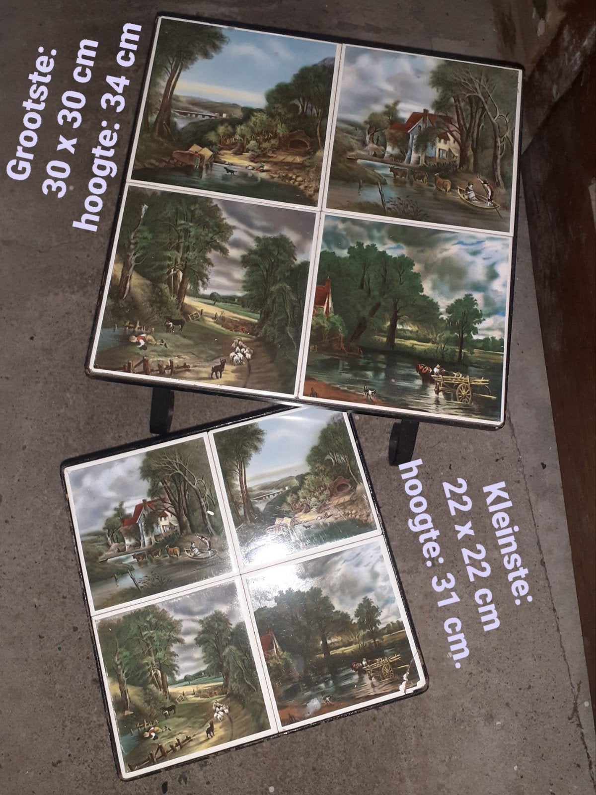 Set van 2 Vintage Smeedijzeren Bijzettafels met Tegelblad, Ophalen