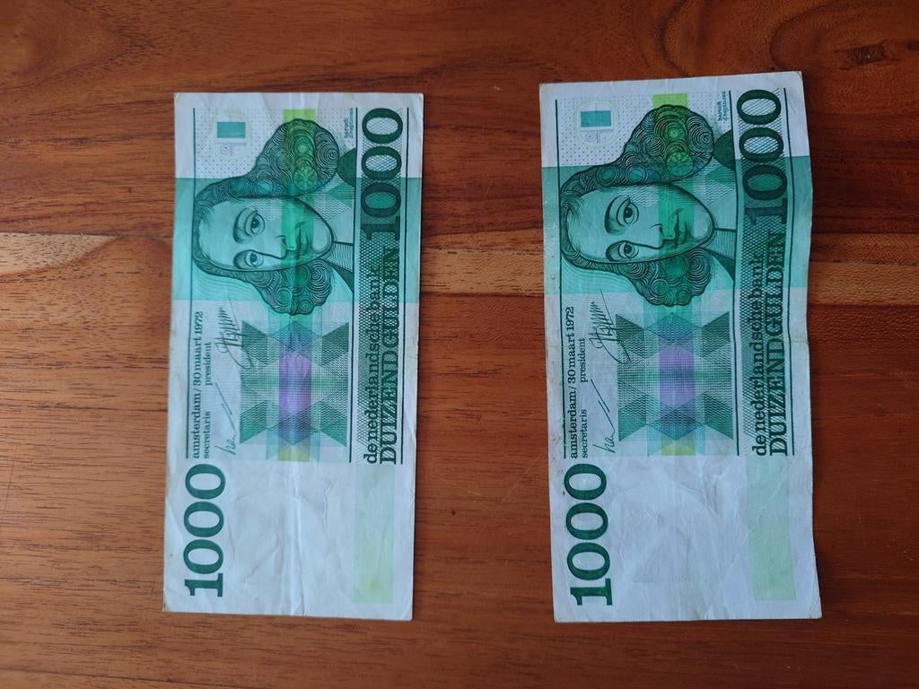 2 x 1000 Gulden biljetten uit 1972 - Spinoza, Postzegels en Munten, Bankbiljetten | Nederland, Ophalen of Verzenden, 1000 gulden