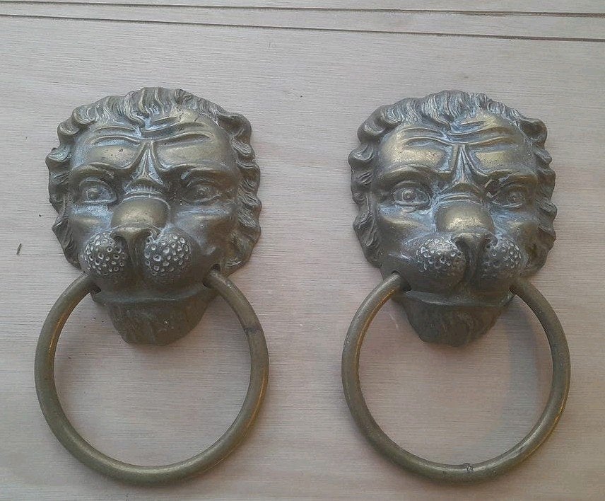 Set van 2 messing leeuwenkop deurgrepen, Ophalen of Verzenden