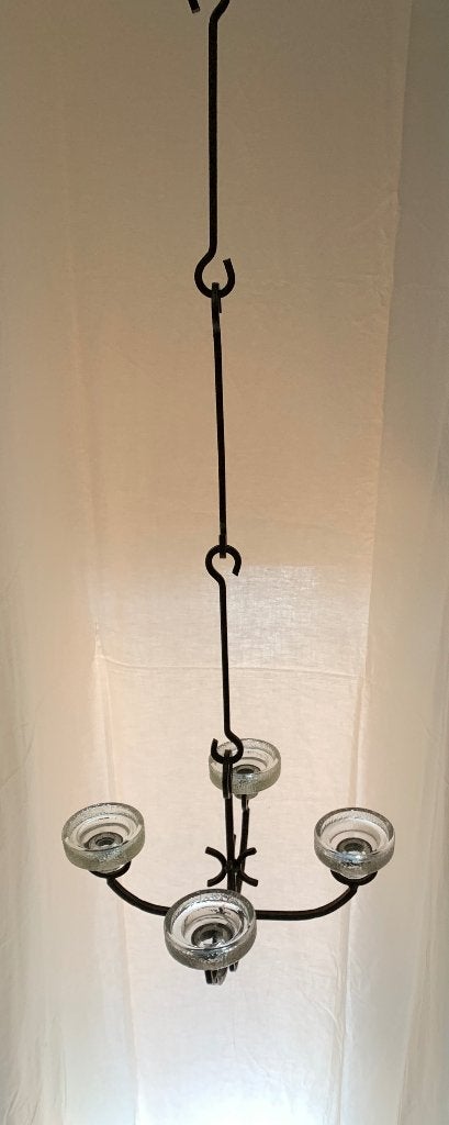 Vintage kroonluchter van smeedijzer en glas, Diversen, Ophalen of Verzenden, Gebruikt