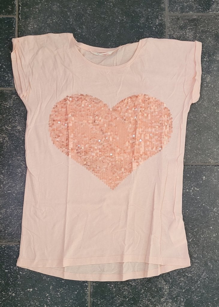 Shirt korte mouw maat 158 - 164, roze + lovertjes hart, H&M, Kinderen en Baby's, Kinderkleding | Maat 158, Meisje, H&M, Ophalen of Verzenden