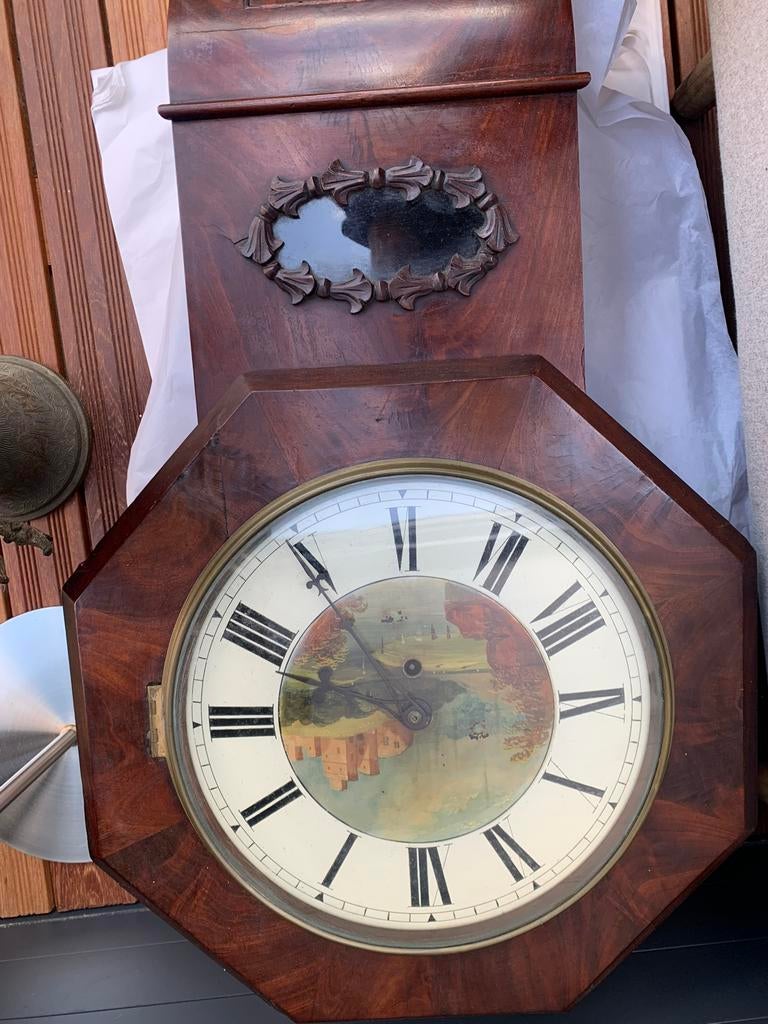 Antieke wandklok met schilderij en Romeinse cijfers, Ophalen of Verzenden