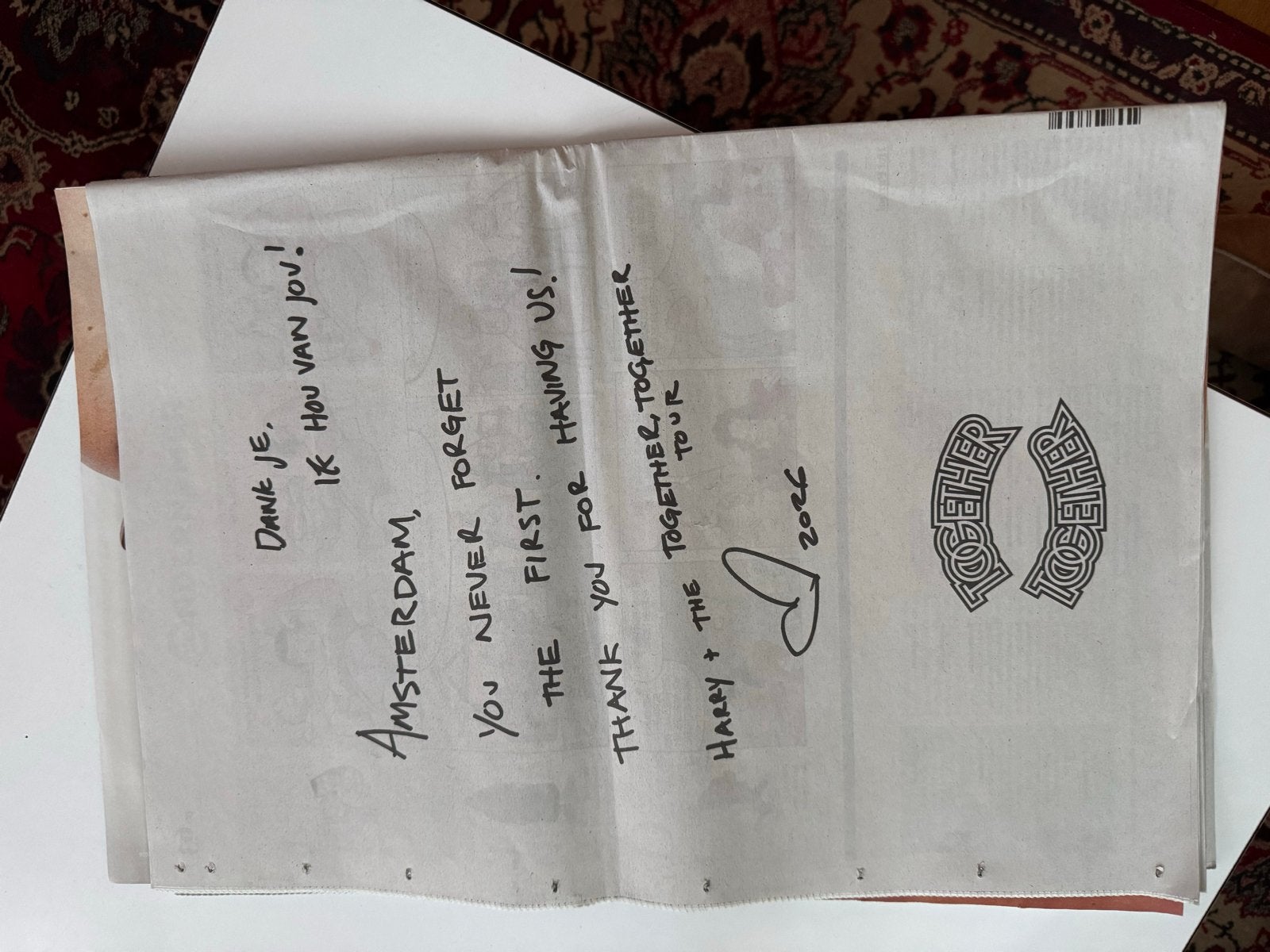 Het Parool met bedankbrief Harry Styles, Eén persoon