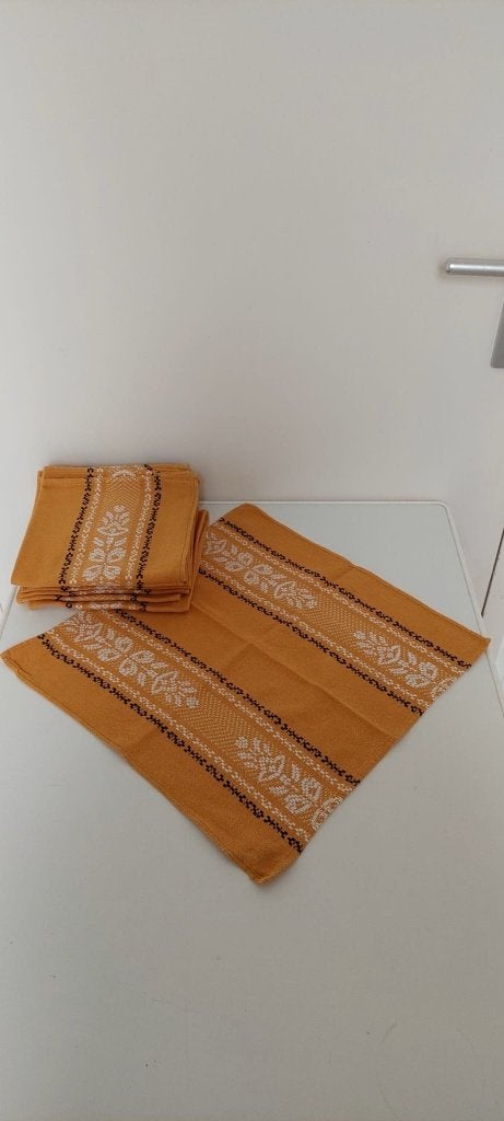 Vintage katoenen servetten (12x)  Mosterd/Caramel wit bruin, Eu, Eu, Inclusief servetten, Zo goed als nieuw