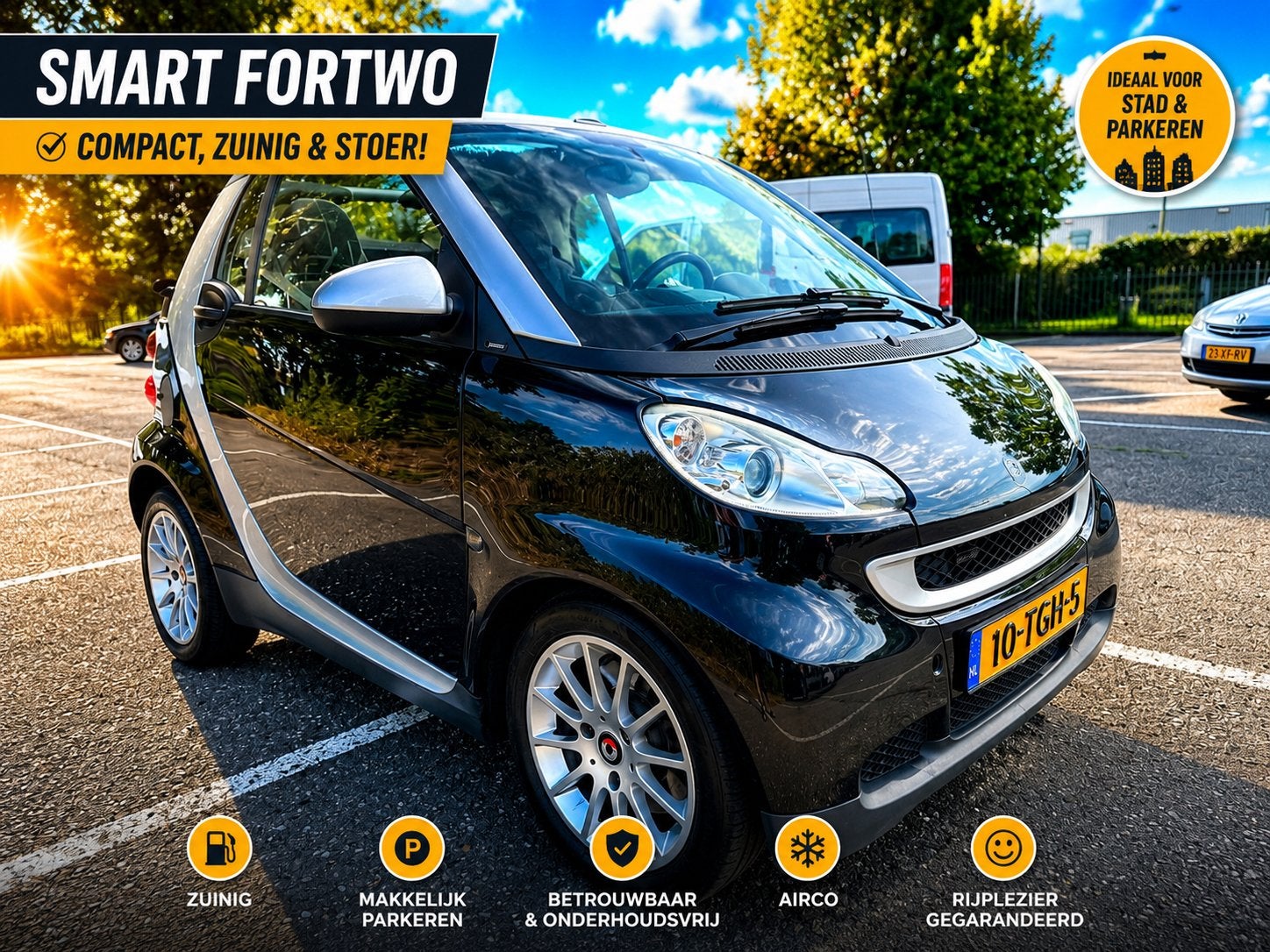 Smart ForTwo 1.0 52KW Cabrio/led/brabus uitlaat/carplay/cam, Auto's, Smart, Automaat, Zwart, 18 €/maand, 755 kg