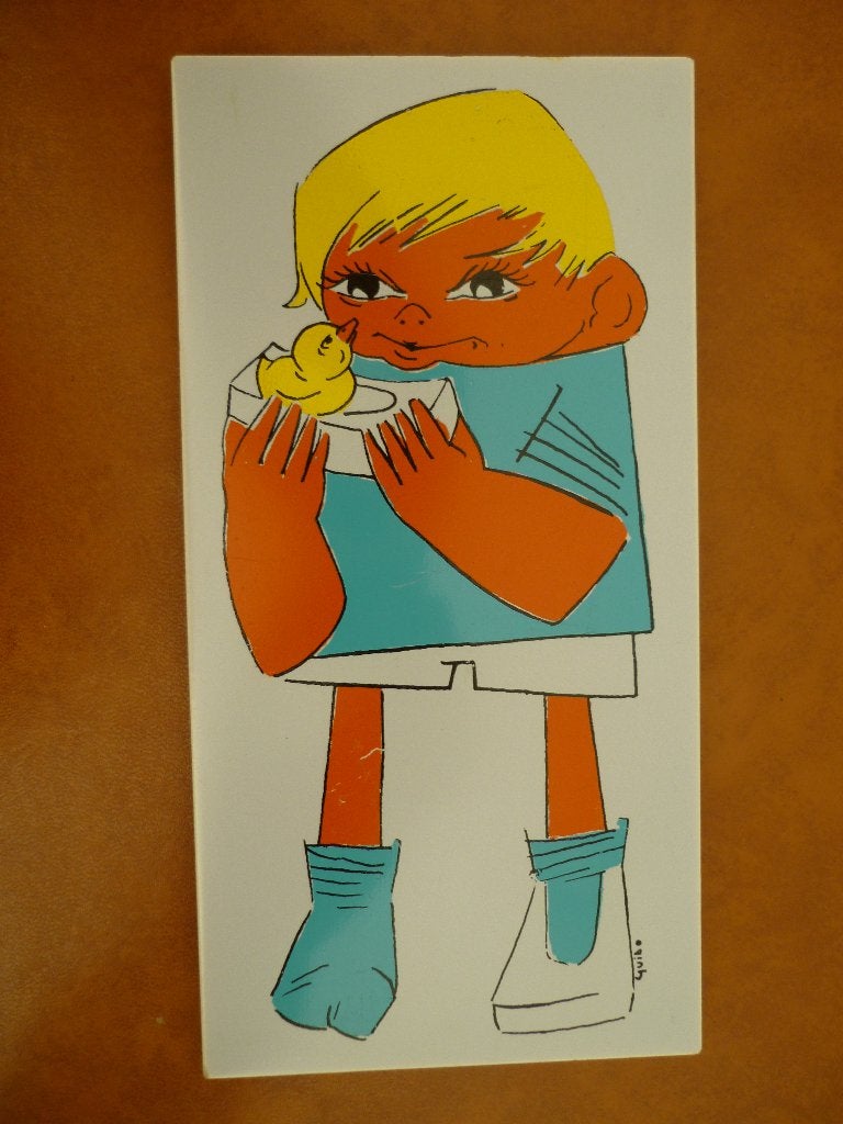 Vintage tegel Mosa met tekening jongen met badeend Quibo, Ophalen of Verzenden