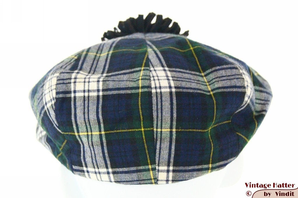 Vintage Paperboy pet Roland blauw groen geruit met pompon 56, 56 of 57 cm (M, 7 of 7⅛ inch), Ophalen of Verzenden, Pet, Gedragen