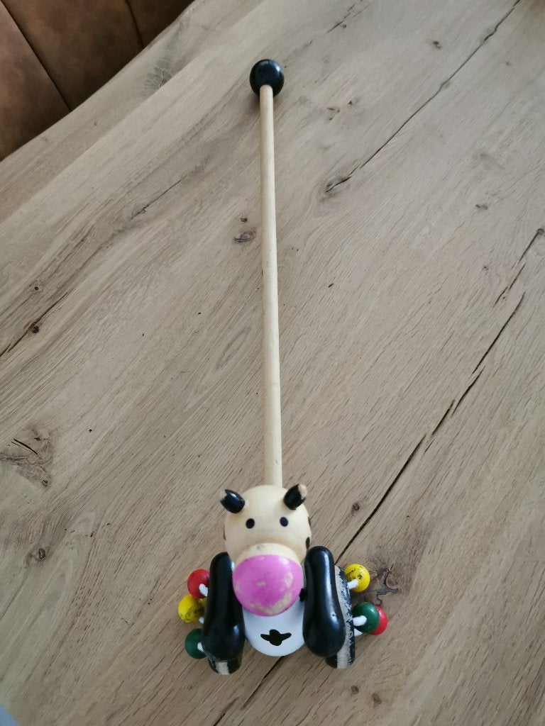 Houten duwstang koe met belletjes (vintage), Ophalen of Verzenden, Gebruikt, Duw- of Trekspeelgoed