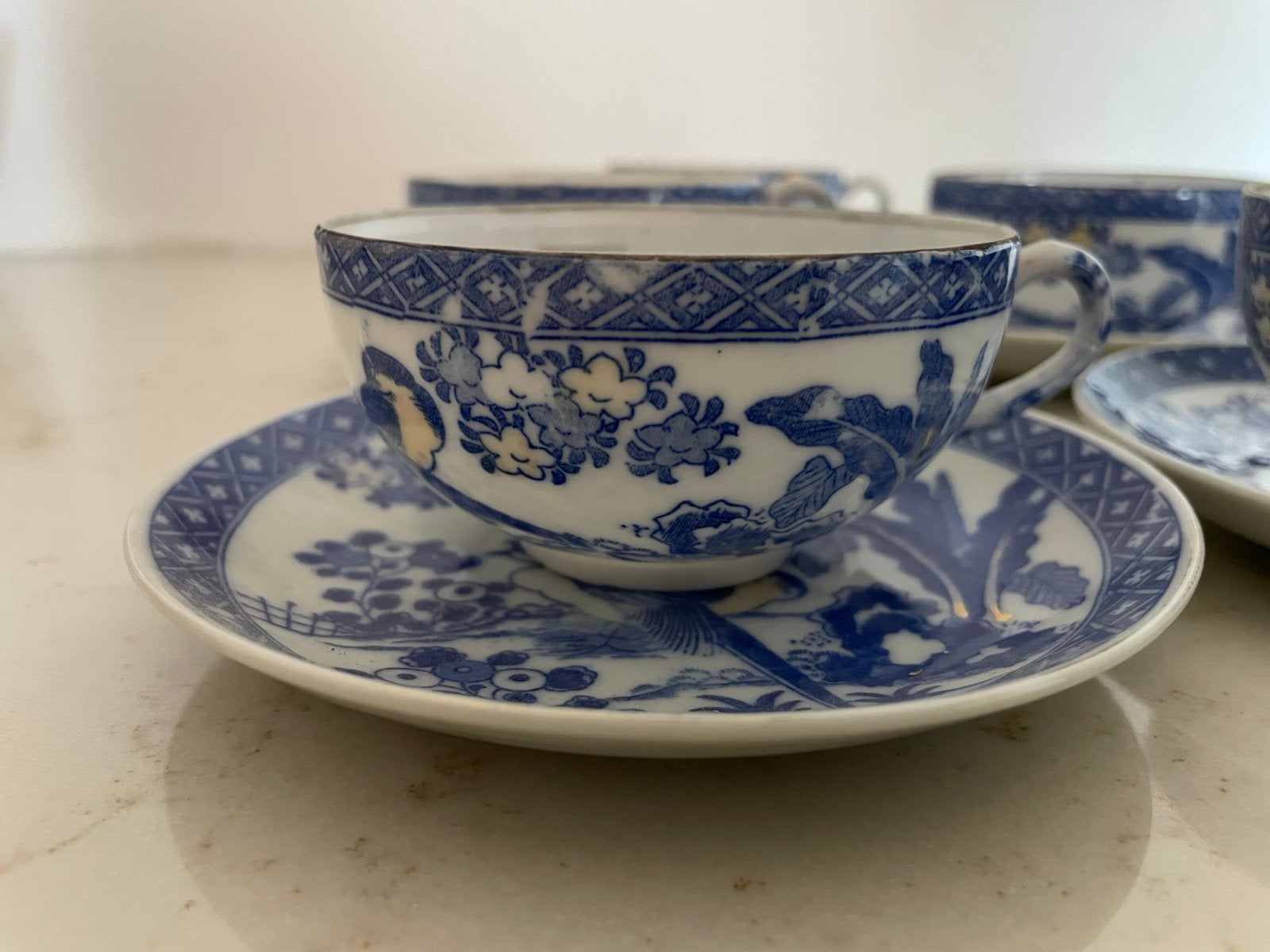 Antieke Japanse theekopjes en schotels, blauw-wit porselein, Antiek en Kunst, Ophalen of Verzenden