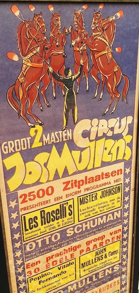 Circus affiche van het Groot 2 masten circus Jos Mullens🎪, Ophalen, Met lijst, A1 t/m A3, Reclame