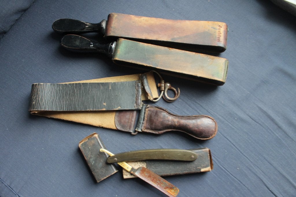 Antiek gereedschap barbier kapper mes, scheerriem, slijpstok, Ophalen of Verzenden