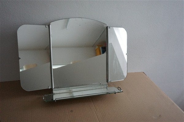 Antieke / vintage drieluikspiegel met planchet, Ophalen, Minder dan 50 cm, Gebruikt, Nvt