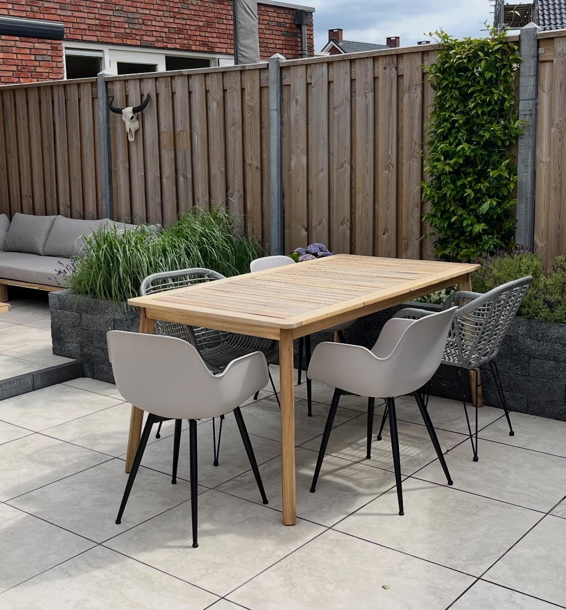 Tuinset.Teakhouten tuintafel + 5 grijze tuinstoelen, Tuin en Terras, Tuinsets en Loungesets, Ophalen of Verzenden, Gebruikt, Teakhout