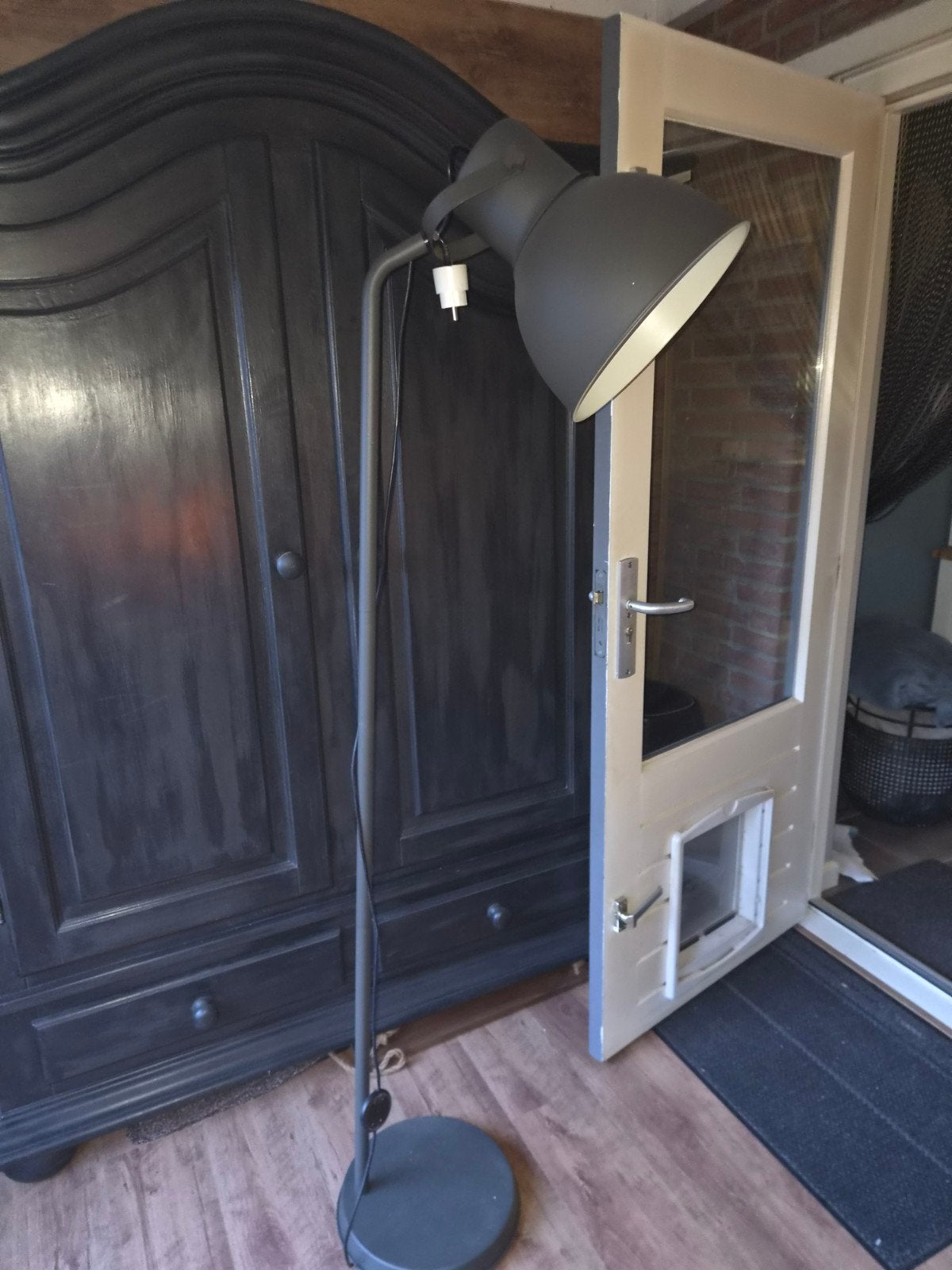 Industriële staande lamp - Donkergrijs metaal, Ophalen, 100 tot 150 cm, E27 (groot), Zo goed als nieuw